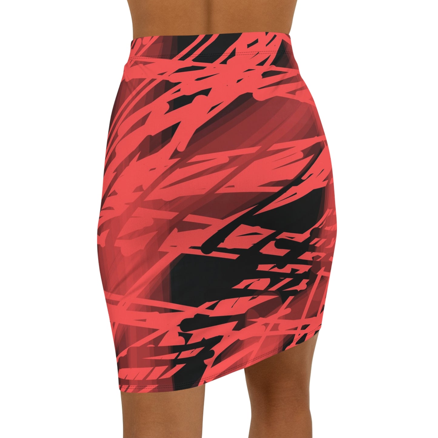 Gracie:  Stylish Red Abstract Mid-Waist Pencil Skirt - Perfect for Chic Occasions