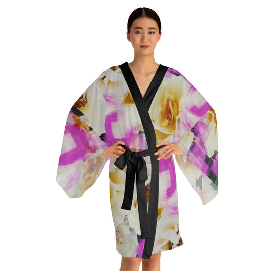 Divine Bouquet III:  Elegant Floral Long Sleeve Kimono Robe | Perfect for Relaxation and Special Occasions
