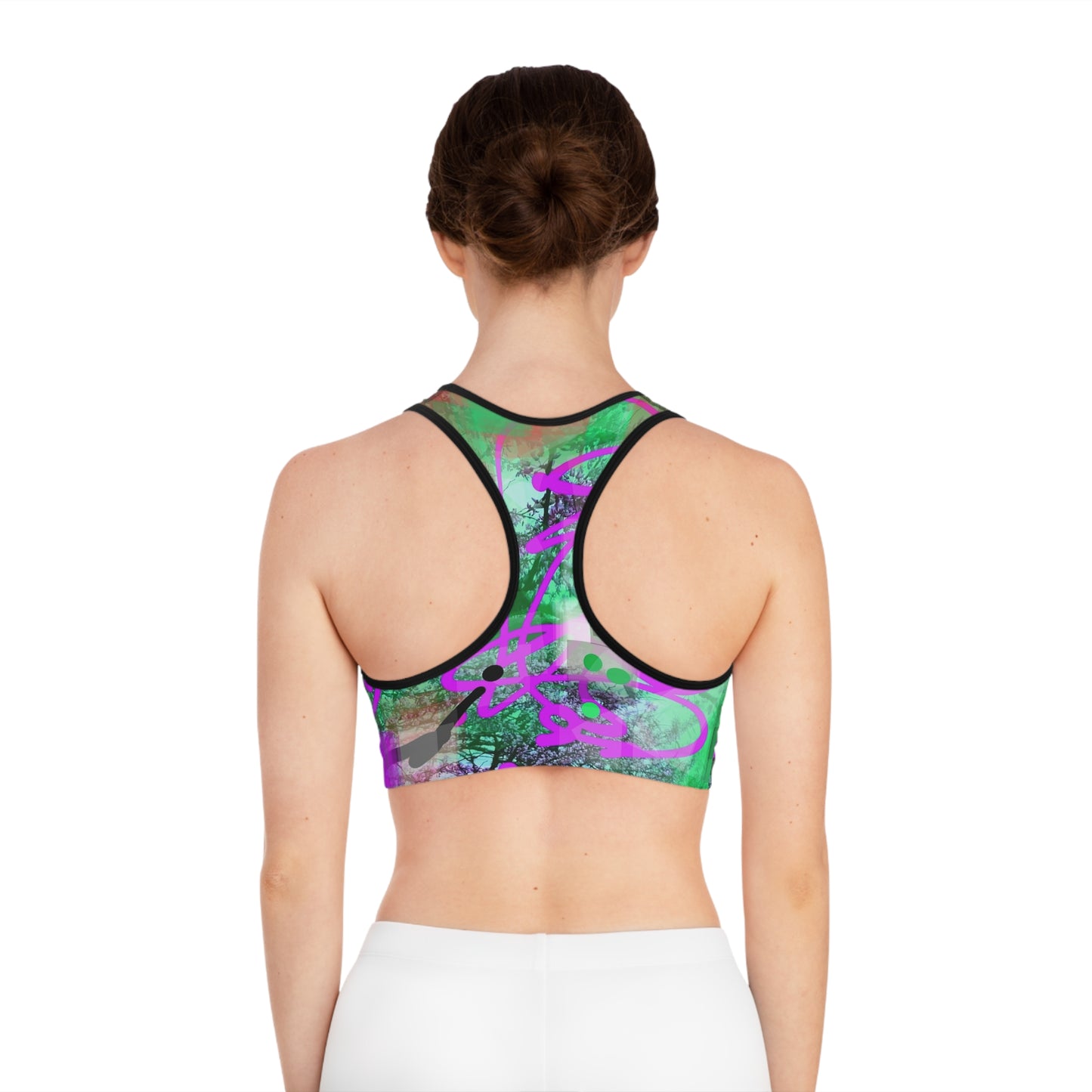 Cyd II:  Blk Trim Vibrant Abstract Sports Bra with Artistic Design