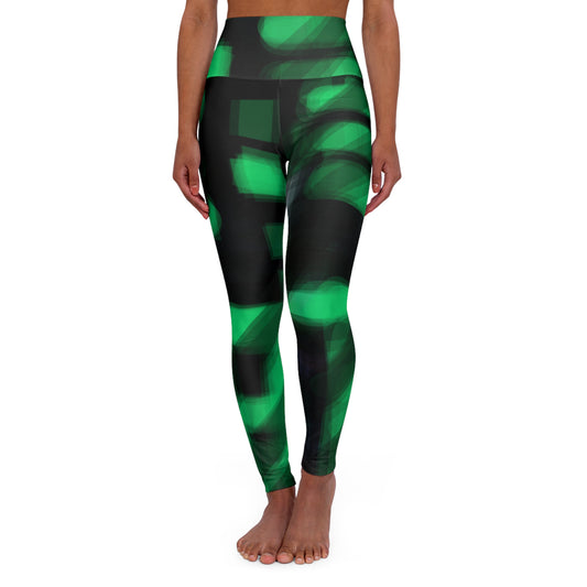 Electra Land:  High Waisted Green & Black Leggings with Vibrant Abstract Design, Workout Gear, Activewear, Fitness Apparel, Yoga Class, Athletic Wear