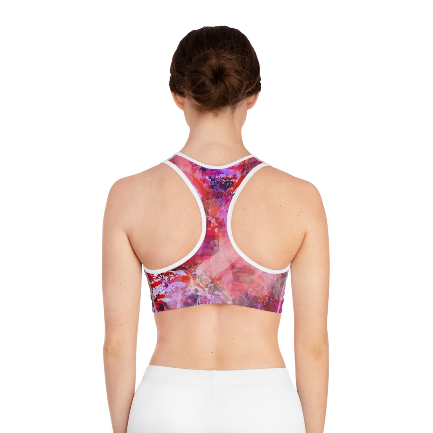 Garnet II: WH Trim; Lovely Red & Violet Tones Sports Bra (AOP), Nature Lovers