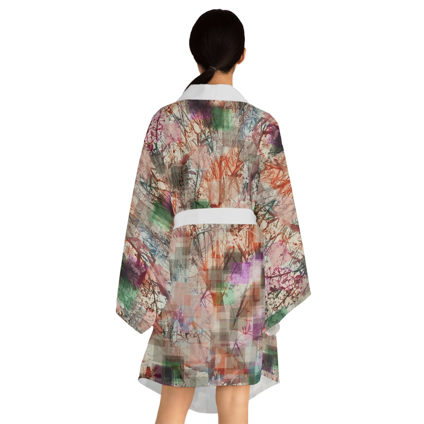 Dorothy:  White trim Floral Pattern Long Sleeve Kimono Robe - Cozy Lounge Wear for Relaxation