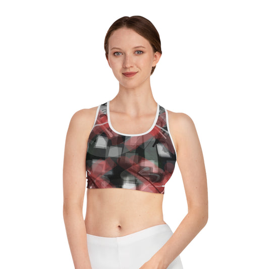 Micah I:  WH Trim Abstract Red & Black Sports Bra - Stylish Activewear for Fitness Enthusiasts