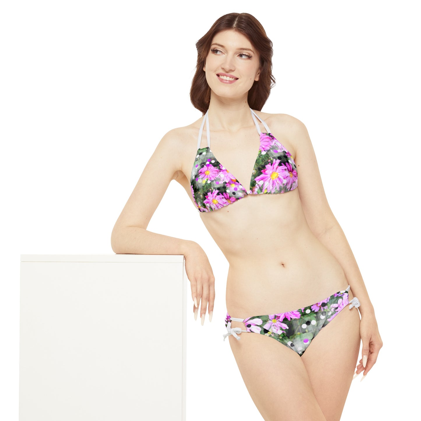 Pink Daisies Swim: Strappy Bikini Set (AOP)