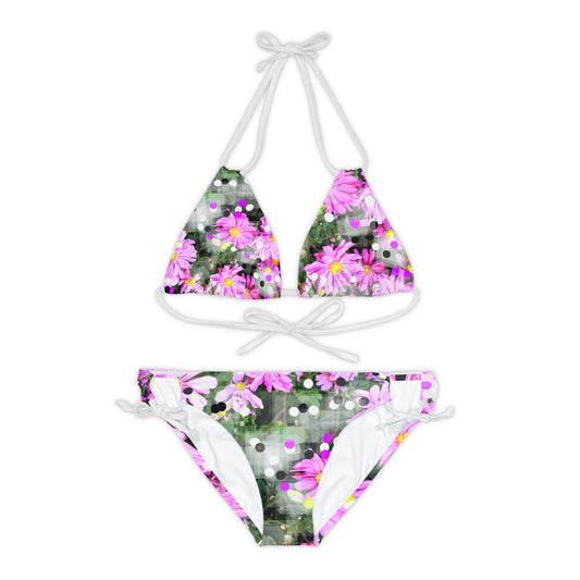 Pink Daisies Swim: Strappy Bikini Set (AOP)