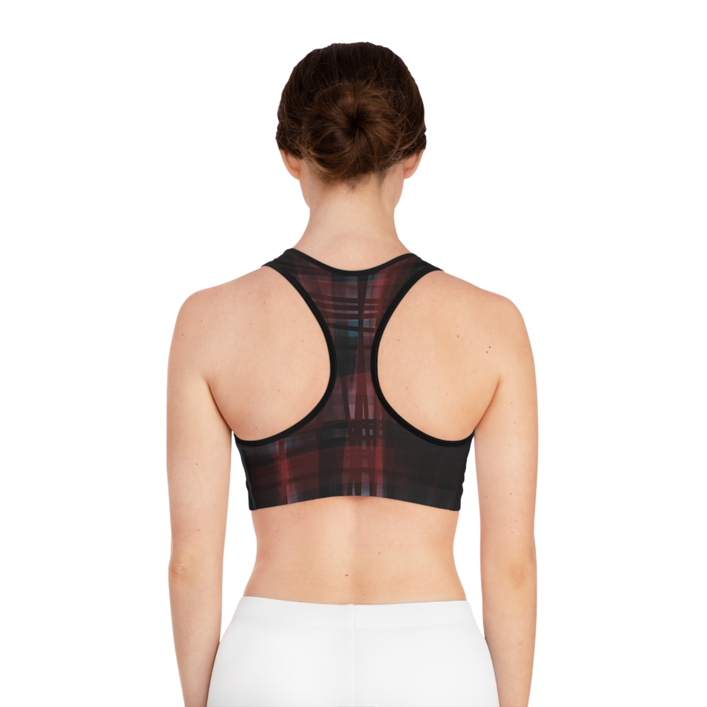 Mechelle II: BLK Trim Bold Black and Red Plaid Sports Bra for Active Women