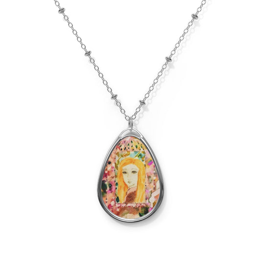 Star Girl:  Artistic Oval Necklace with Watercolor Design - Unique Jewelry Gift for Her