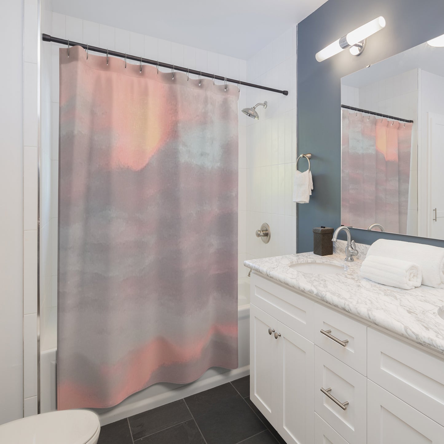 Ardent Pulse: Dreamy Venus Love Sunset Shower Curtain - Soft Pastel Bathroom Decor