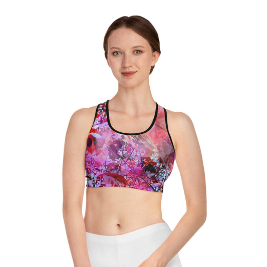 Garnet I:  Blk Trim; Nature Lovers Sports Bra, Chic Design, Red & Violet Tones Activewear