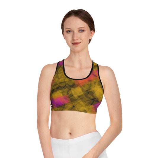 Bom II:  Black Trim Vibrant Geometric Sports Bra, Activewear for Yoga, Running, Fitness, Stylish Workout Gear, Gift for Gym Lovers