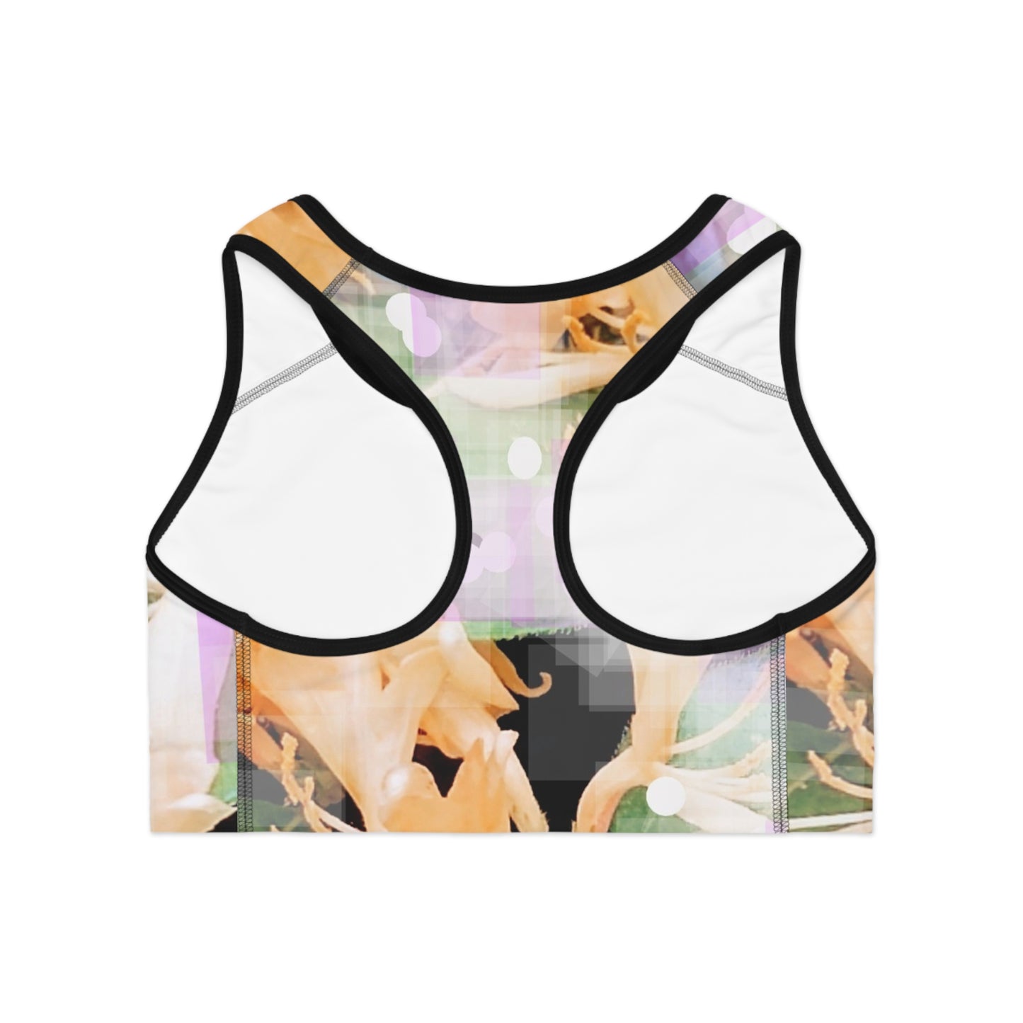Honey Creme: Blk Trim; Vibrant Floral Sports Bra - Activewear Essentials, Fitness Top, Workout Gear, Spring Fashion, Athleisure, Gift for Her