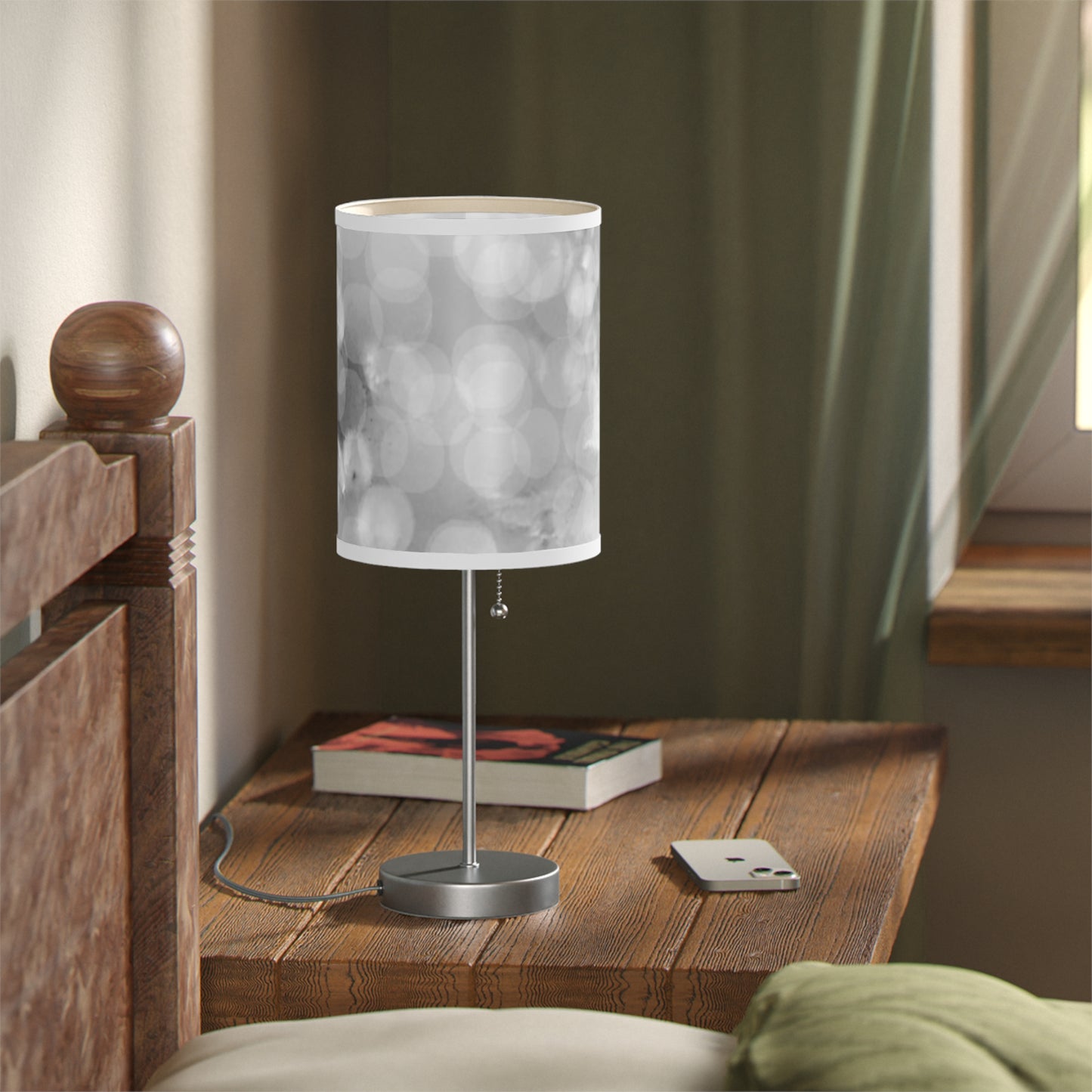 Oksana: (WH Trim) Mystical Grey Bokeh Glow Table Lamp — Modern Silver Desk Lamp with Soft Ambient Shade