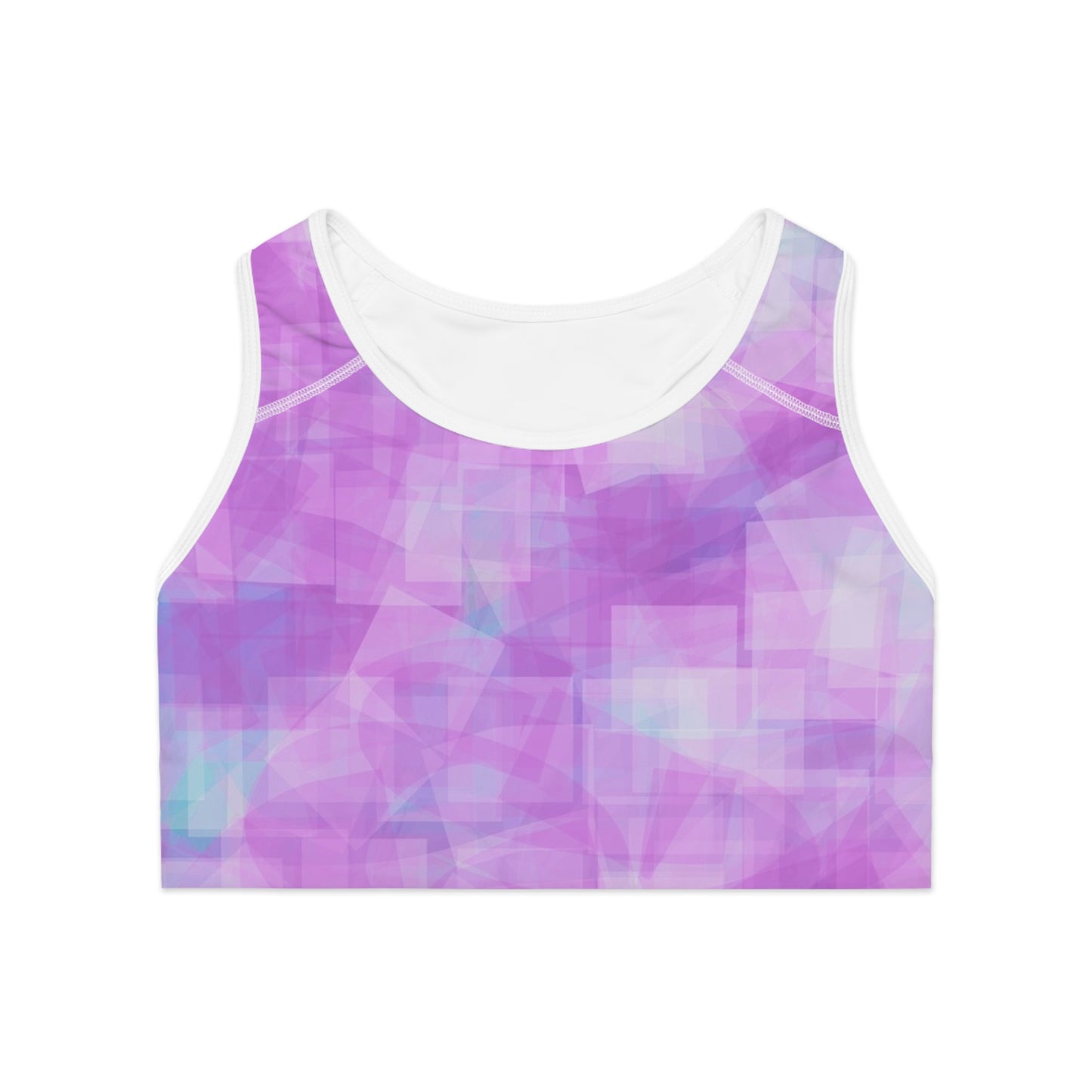 Betty I: WH Trim, Pastel Pink Stylish Sports Bra, AOP, Activewear, Workout Gear, Fitness Apparel, Gift for Her, Bright Pastel Colors