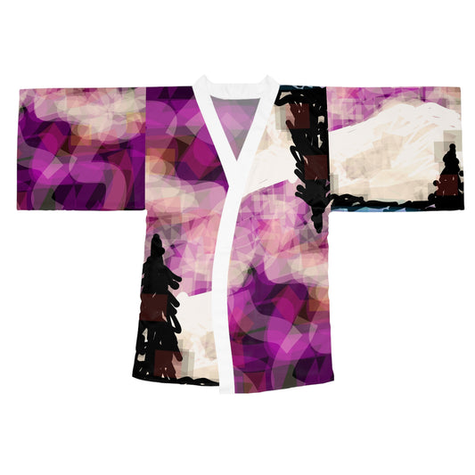 Earth Realms II:  White Trim Artistic Long Sleeve Kimono Robe - Cozy Layer for Relaxation & Style