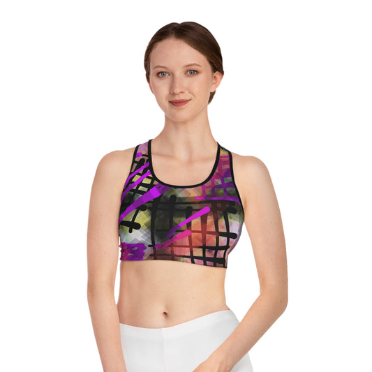 Spray Paint II:  Blk Trim Vibrant Abstract Sports Bra, Stylish Workout Top, Fitness Apparel, Activewear, Unique Design for Gym Enthusiasts