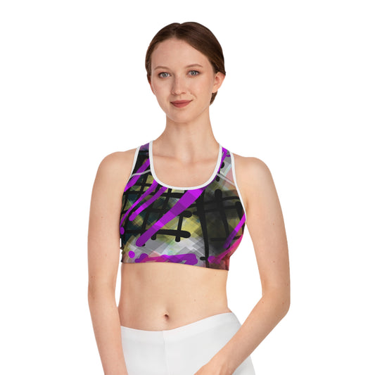 Spray Paint I: WH Trim Abstract Vibrant Sports Bra - Colorful Patterned Workout Top for Active Women