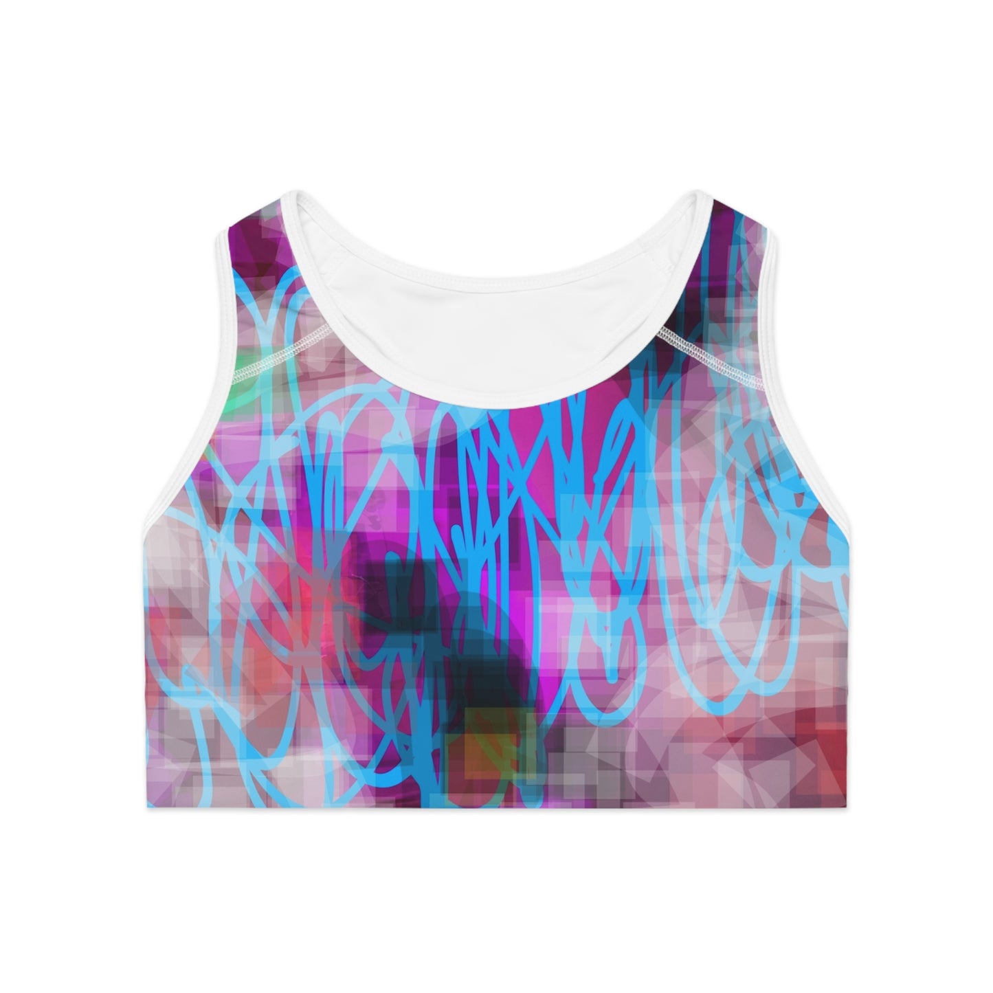 Mixed Cassette: WH Trim; Abstract Graffiti Sports Bra - Vibrant & Stylish Activewear