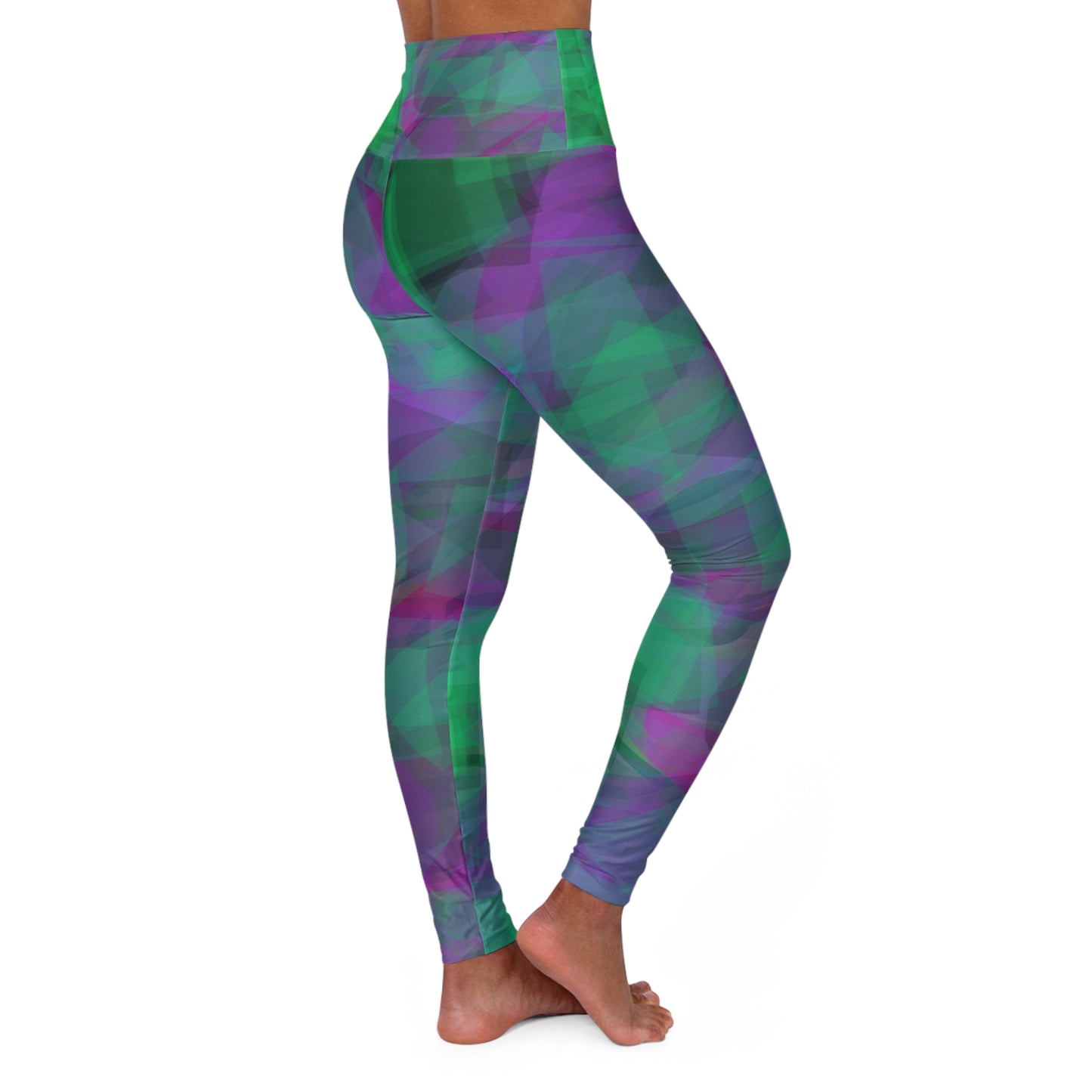 Gong:  Vitality High Waisted Leggings - Abstract Green & Purple Design, Casual Chic Fashion for Active Lifestyle
