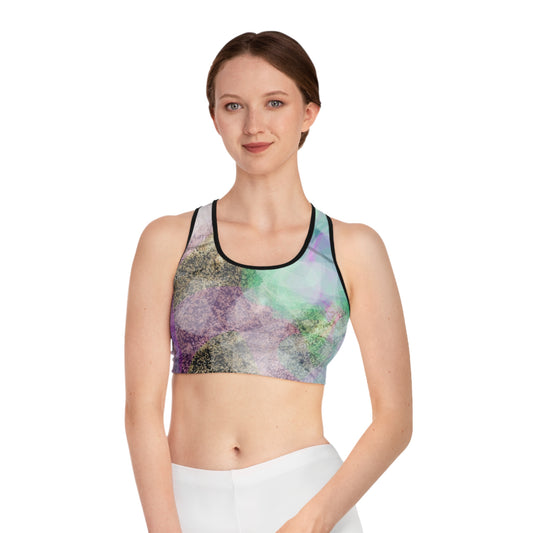 Bliss Rays II: Blk Trim, Vibrant Abstract Sports Bra - Perfect for Workouts, Yoga, Athletic Wear, Active Lifestyle, Gift for Fitness Enthusiasts