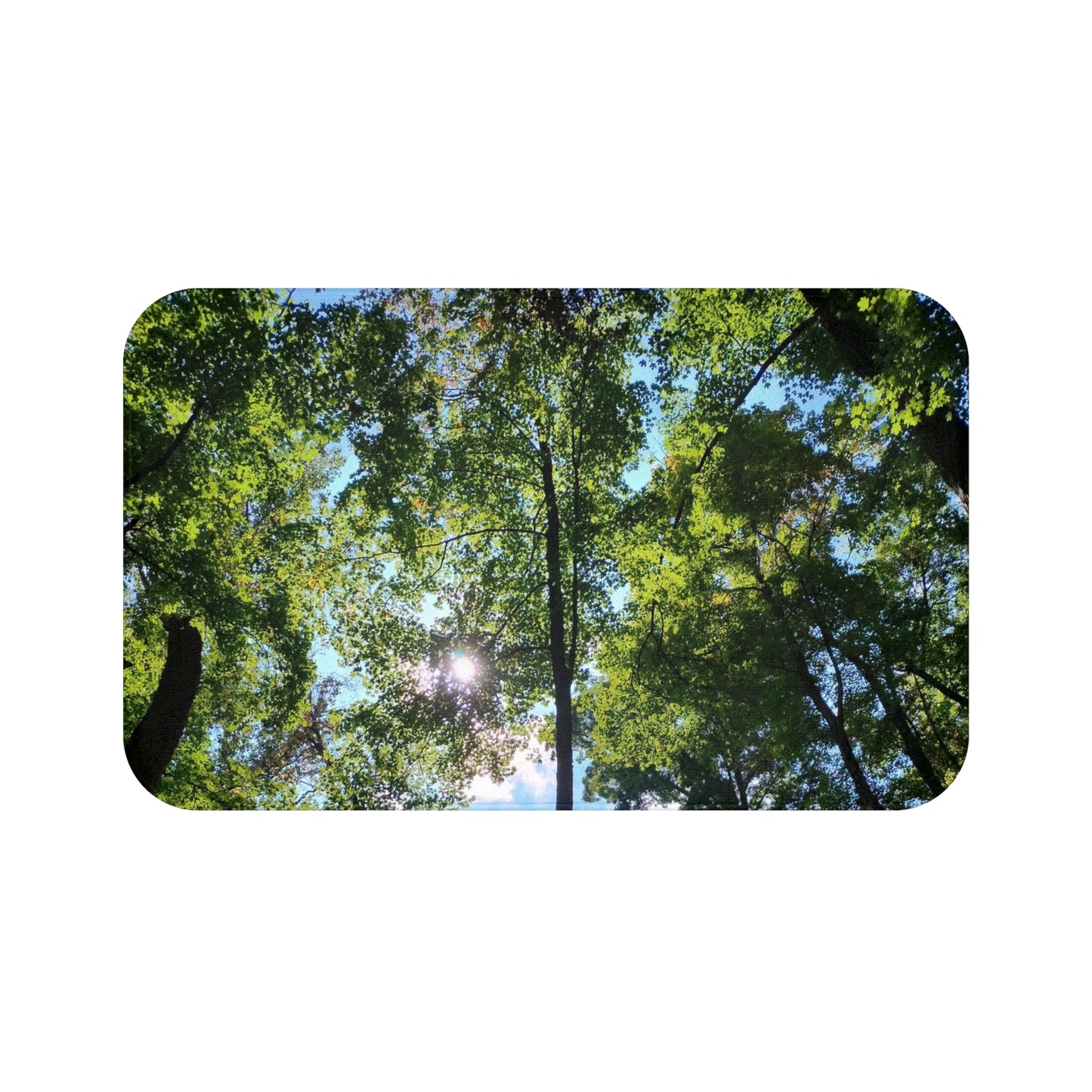 Gorgeous Greens: (34"x21") Forest Canopy Bathmat – Sunlit Trees Nature Bathroom Rug