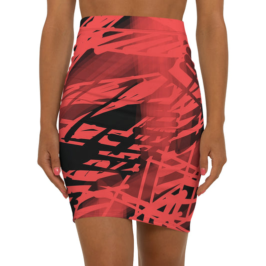 Gracie:  Stylish Red Abstract Mid-Waist Pencil Skirt - Perfect for Chic Occasions