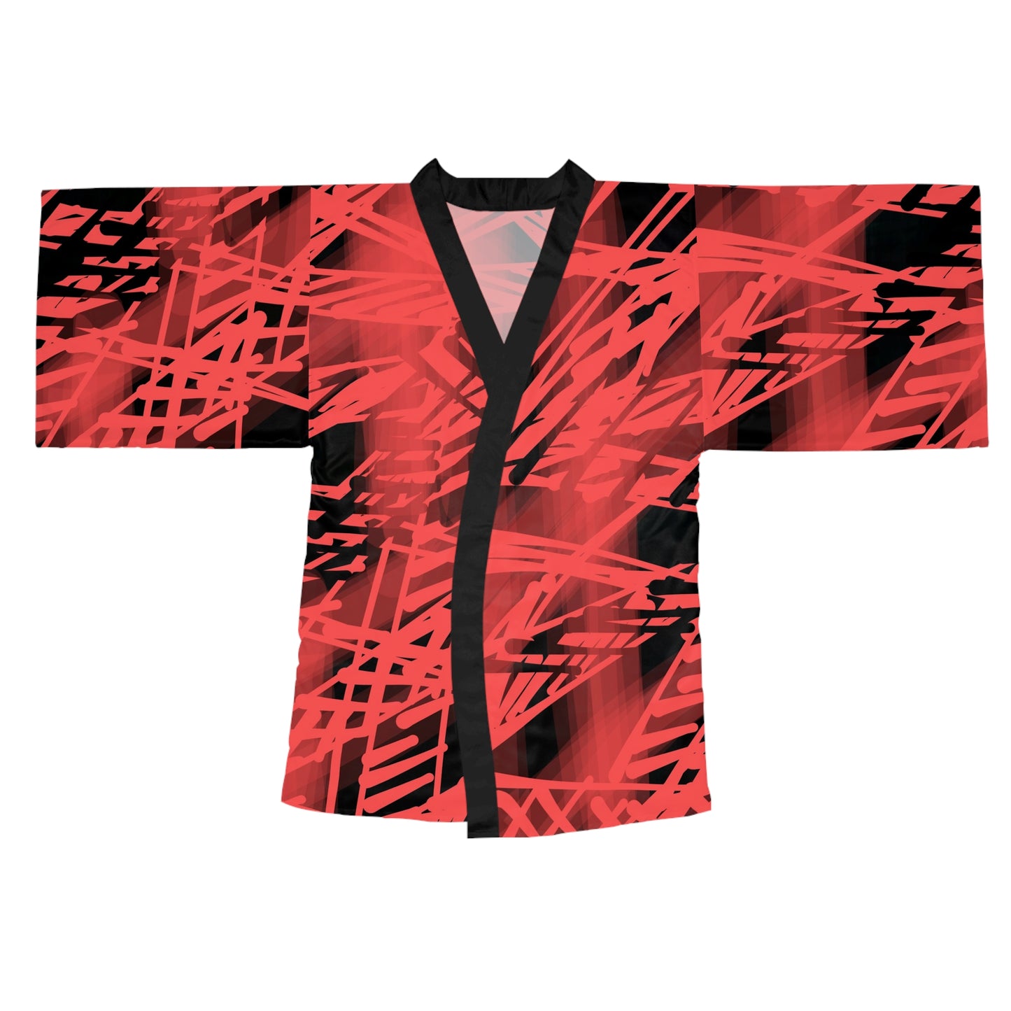 Gracie:  Abstract Red Striped Long Sleeve Kimono Robe - Stylish Loungewear for Relaxation