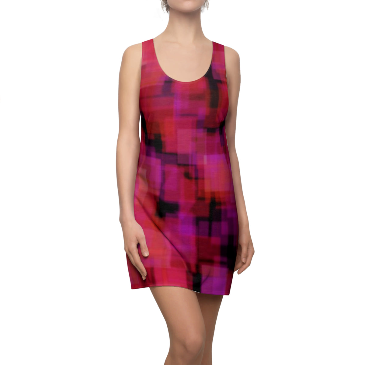 Amaltheia: Pixelated Pink Racerback Dress — Abstract Magenta Grid