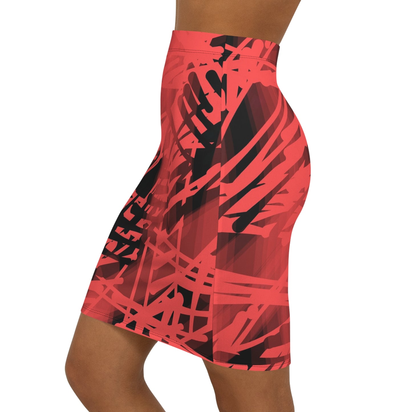 Gracie:  Stylish Red Abstract Mid-Waist Pencil Skirt - Perfect for Chic Occasions
