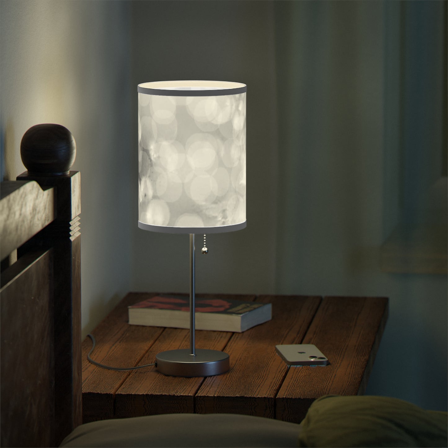 Oksana: (WH Trim) Mystical Grey Bokeh Glow Table Lamp — Modern Silver Desk Lamp with Soft Ambient Shade