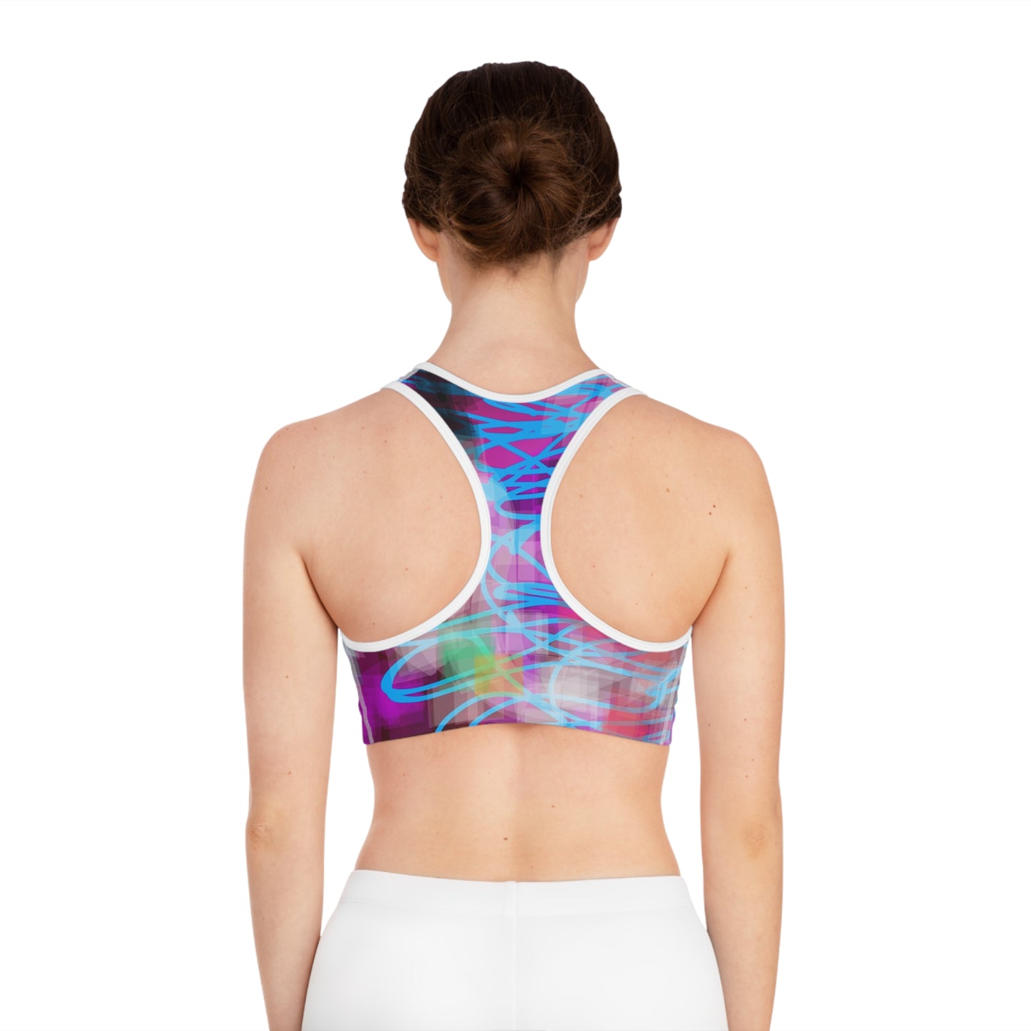 Mixed Cassette: WH Trim; Abstract Graffiti Sports Bra - Vibrant & Stylish Activewear