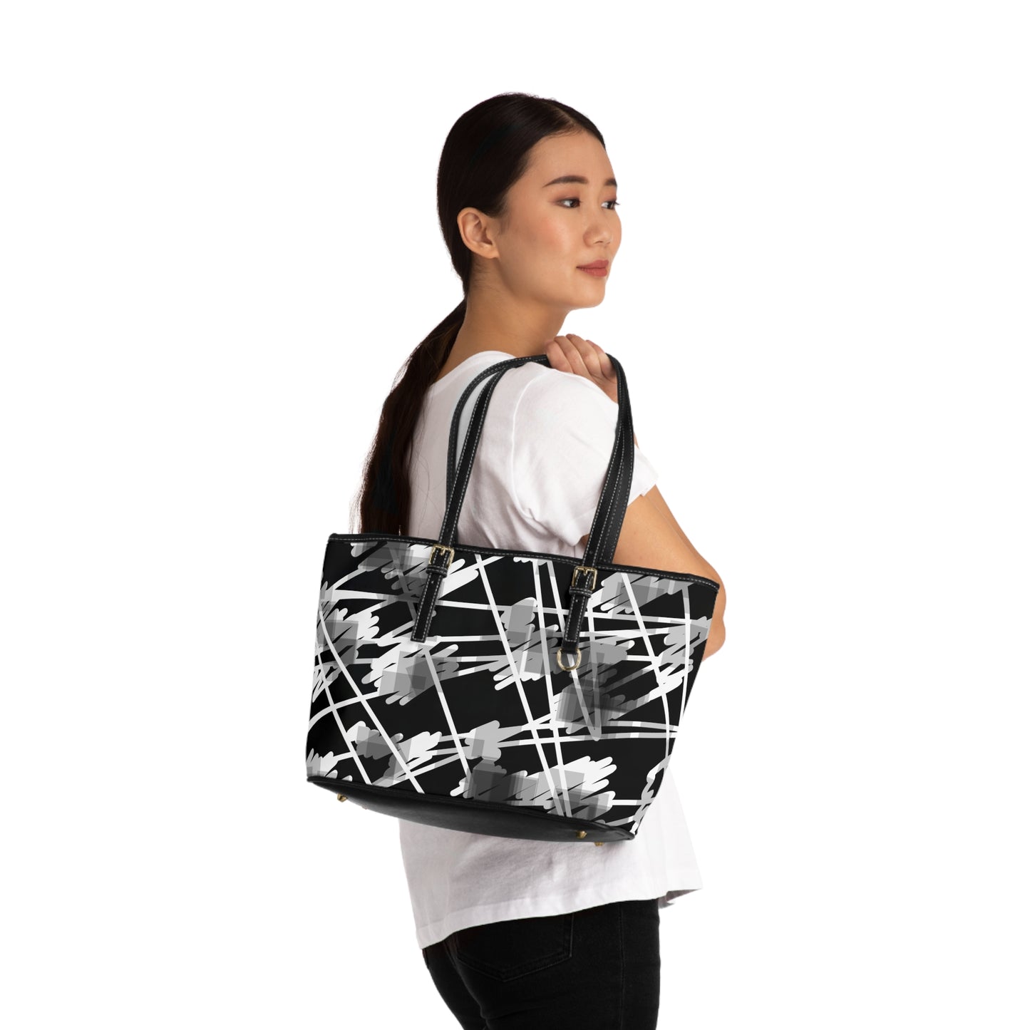 Nimue II:  Chic PU Leather Shoulder Bag - Modern Abstract Design in Black and gray and white
