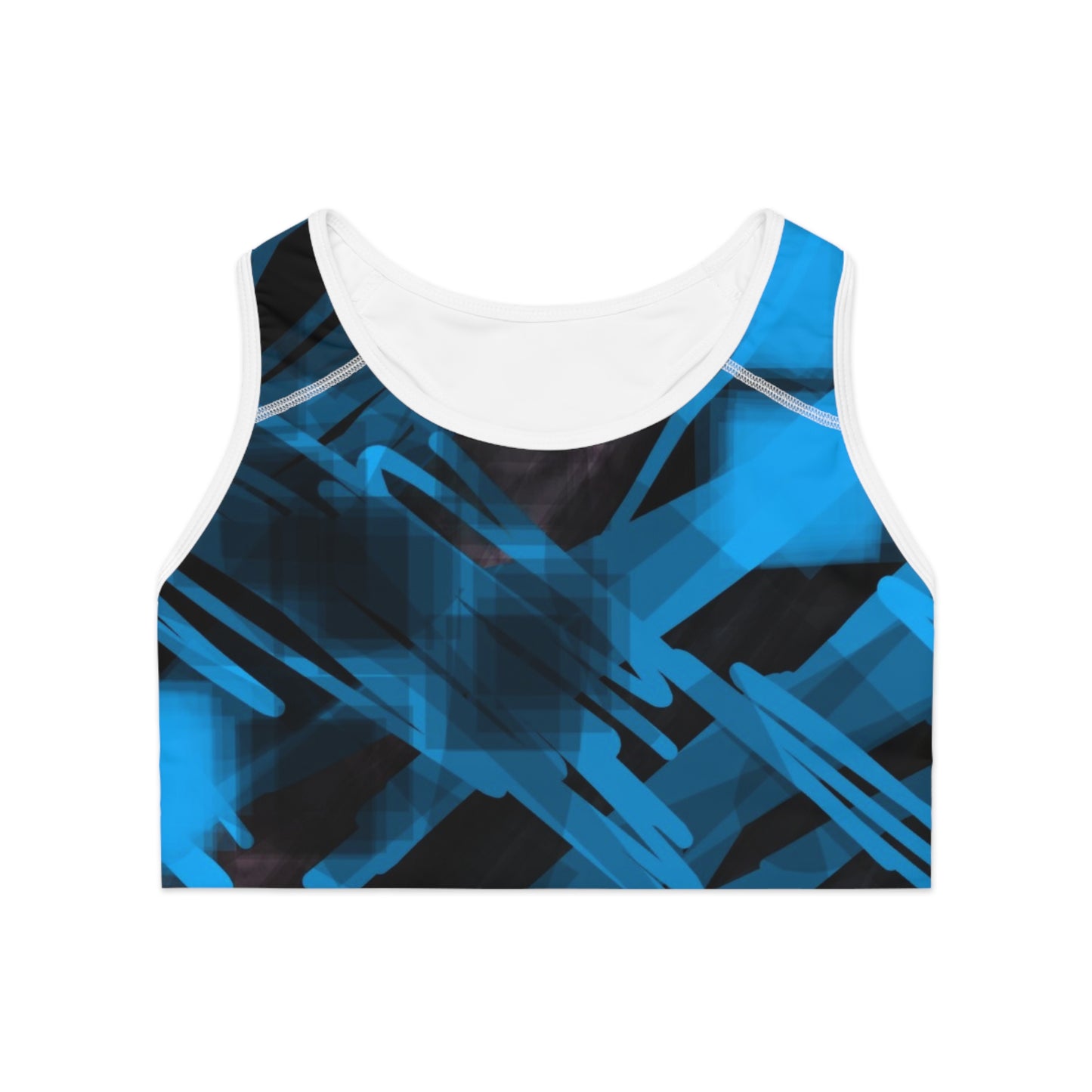 Goodie I: WH Trim; Bold Blue Abstract Sports Bra for Activewear Enthusiasts