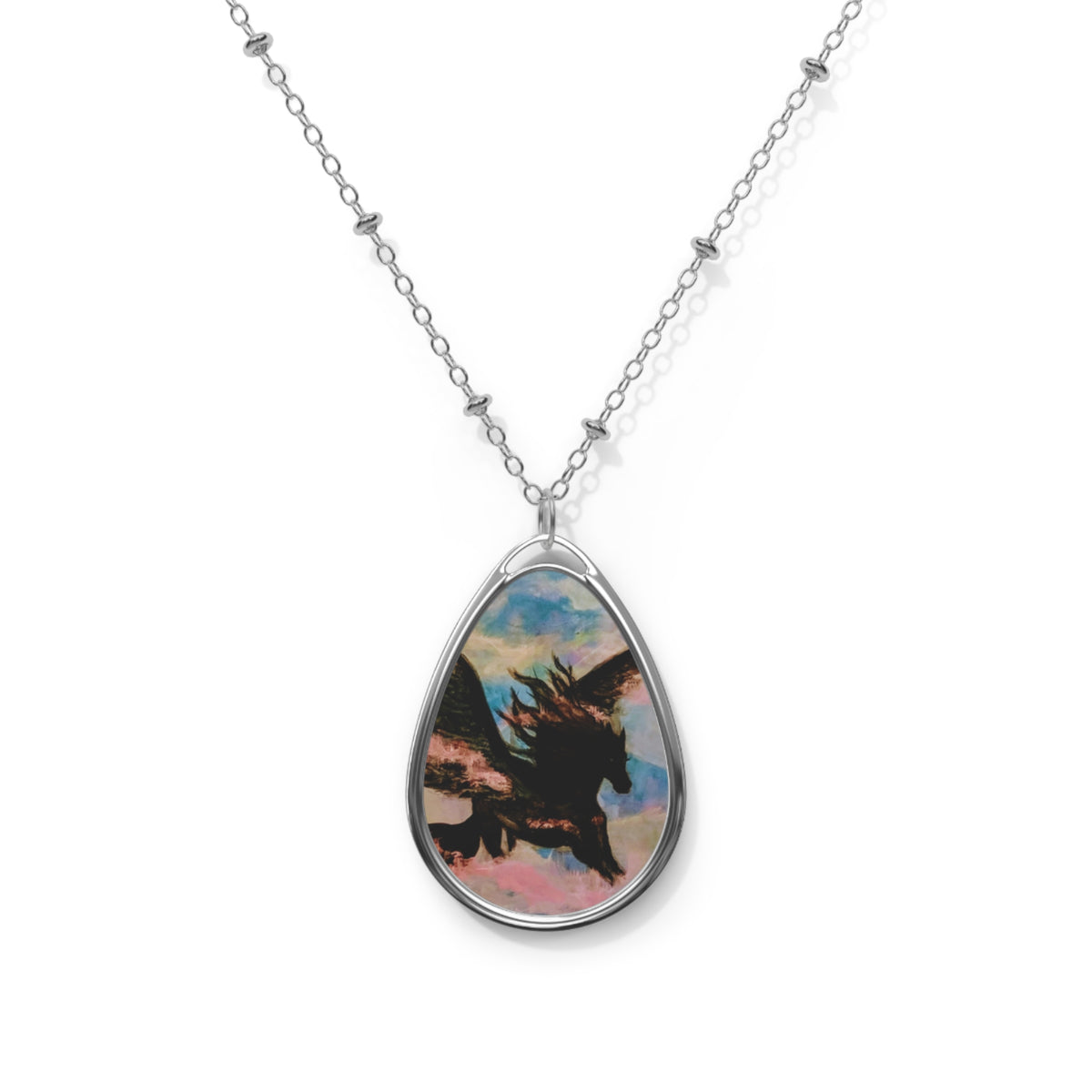 Pegasus: Oval Pendant Necklace — Goth Pegasus Silhouette Teardrop Jewelry