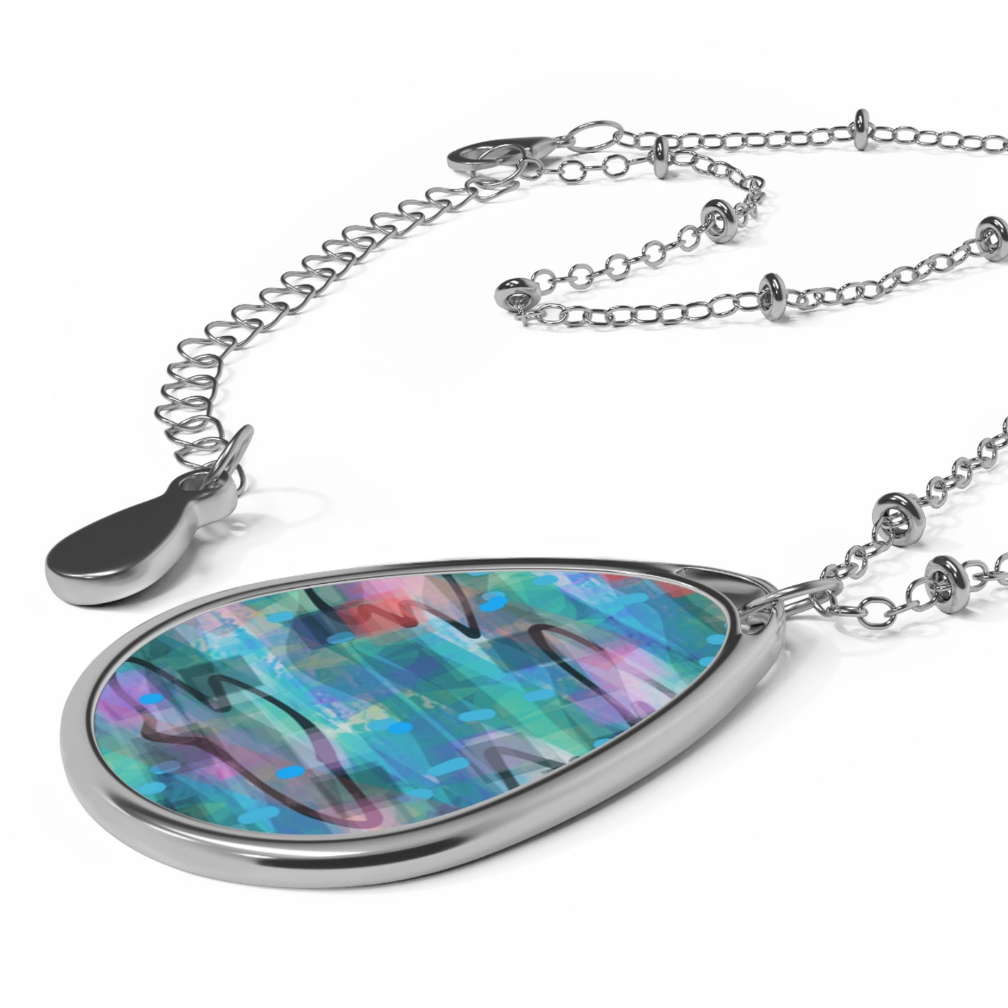 Rainbeats:  Soothing, Playful Abstract Art Oval Abstract Art Pendant Necklace - Unique Teardrop Jewelry for Ladies