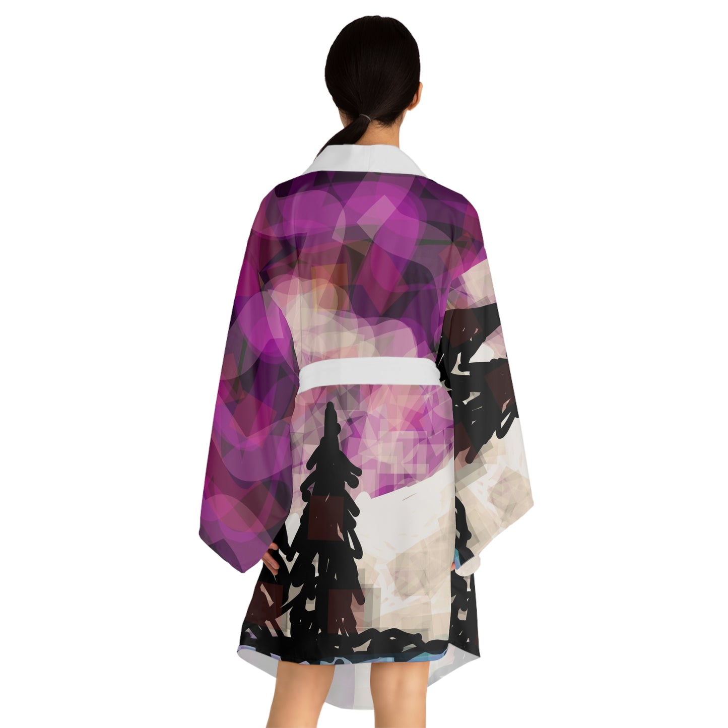 Earth Realms II:  White Trim Artistic Long Sleeve Kimono Robe - Cozy Layer for Relaxation & Style