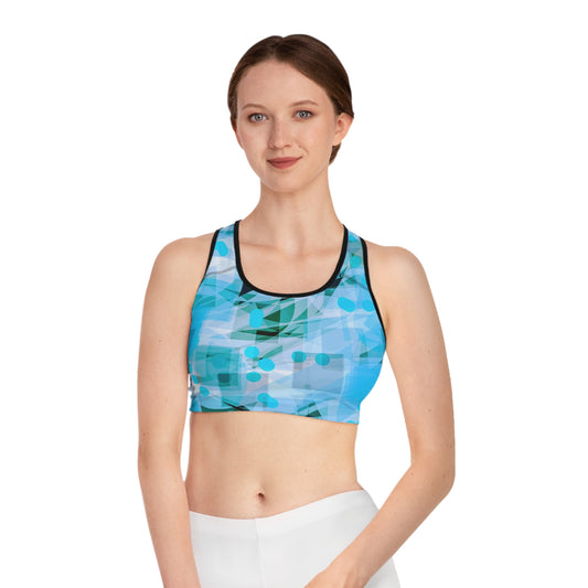 Cascadia II: Blk Trim Abstract Aqua Sports Bra, Workout Gear, Activewear, Fitness Wear, Yoga Top, Gym Bra, Summer Sportswear