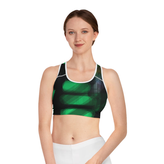 Electra Land I:  WH Trim Abstract Green Sports Bra - Stylish Workout Gear for Active Lifestyles