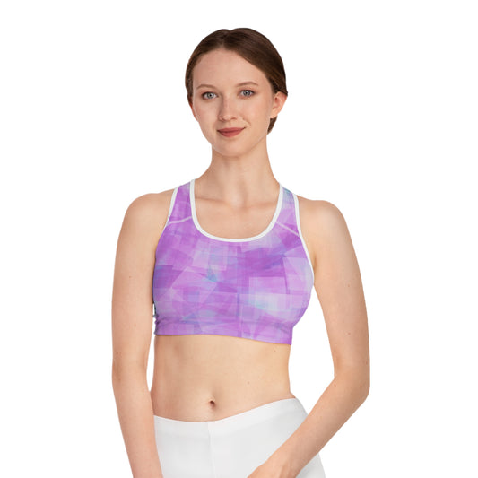 Betty I: WH Trim, Pastel Pink Stylish Sports Bra, AOP, Activewear, Workout Gear, Fitness Apparel, Gift for Her, Bright Pastel Colors