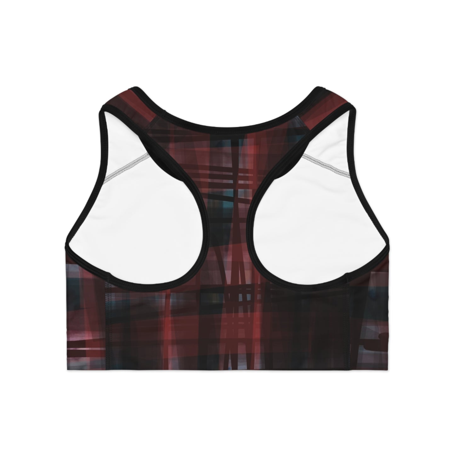 Mechelle II: BLK Trim Bold Black and Red Plaid Sports Bra for Active Women