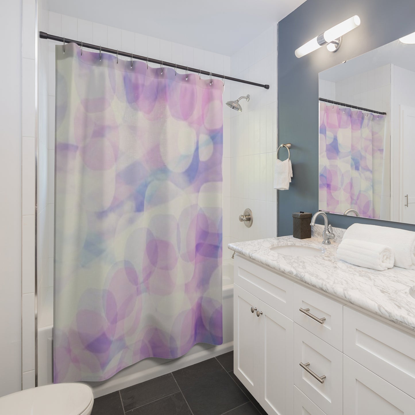 Sprite: Pastel Bokeh Shower Curtain — Soft Lavender Abstract Bath Decor