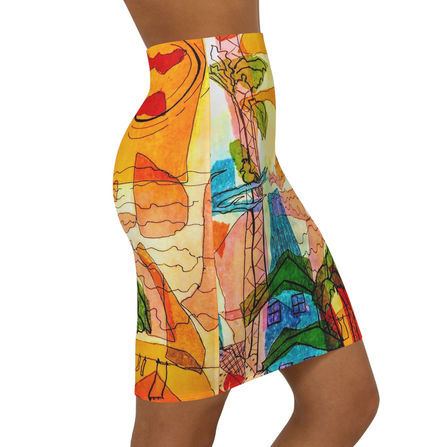 Sunset Village:  Women's Mid-Waist Pencil Skirt (AOP)