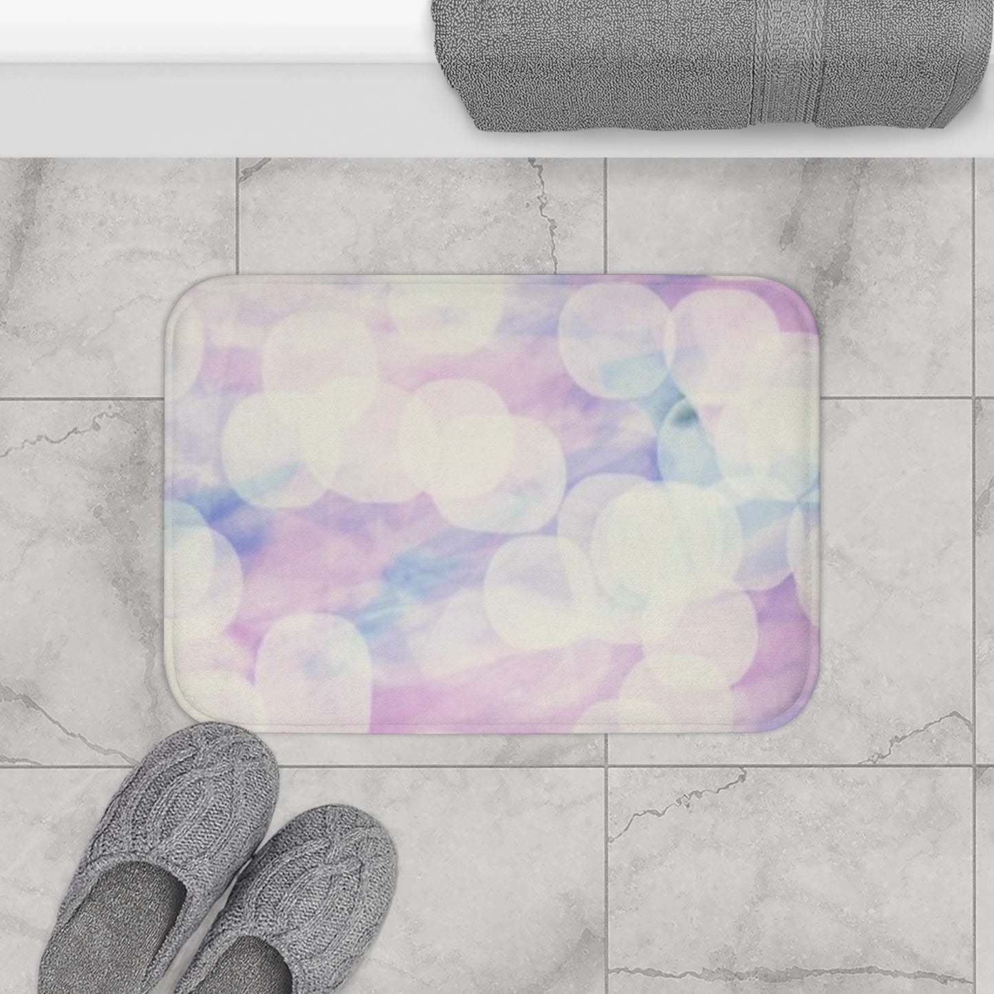Sprite: (24"x17") Pastel Bokeh Bathmat — Soft Purple & Blue Bathroom Rug