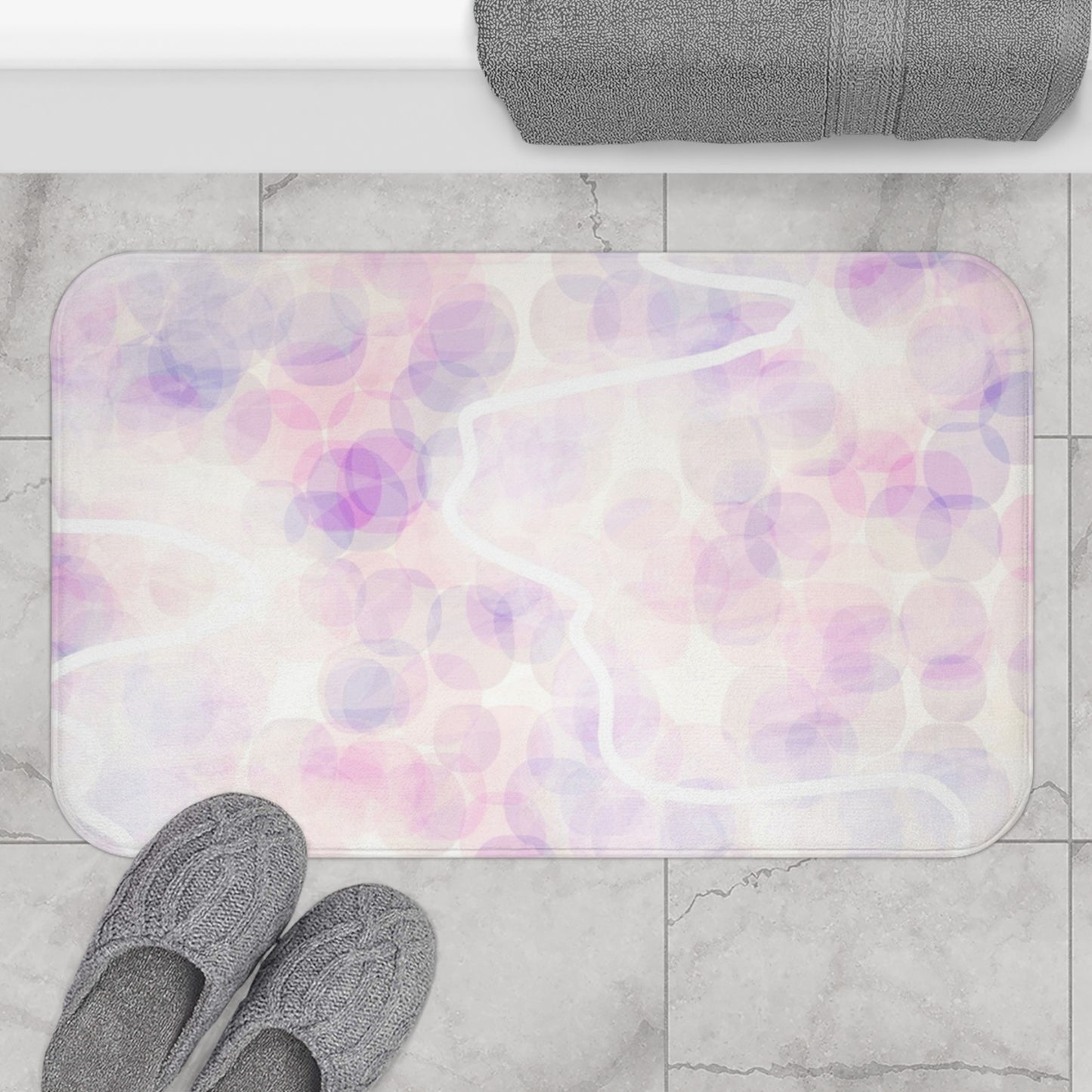 Innocent Memories: (34"x21") Pastel Lovers Bath Mat — Soft Pink & Lavender Abstract Bathroom Rug