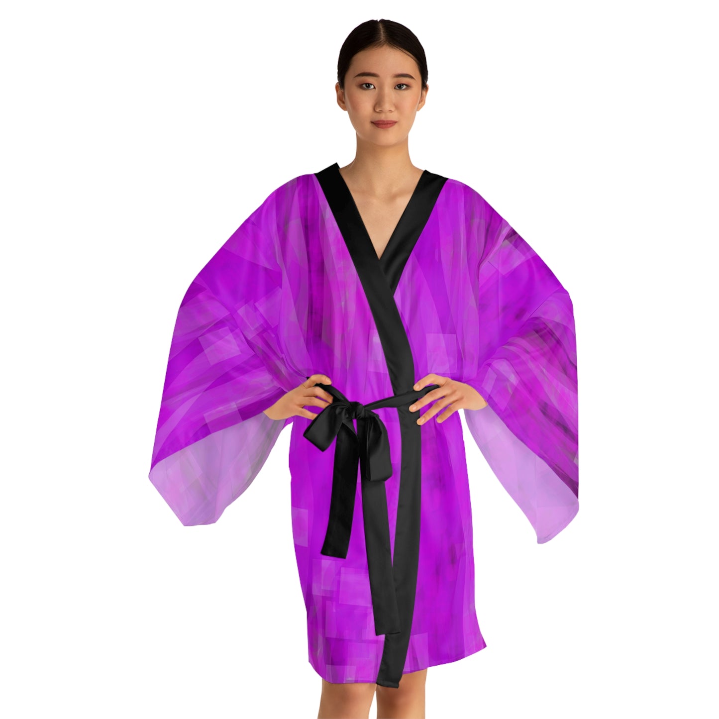 Jodie: (Blk Trim) Vibrant Purple Long Sleeve Kimono Style Robe, Lightweight Dressing Gown, Cozy Loungewear, Artistic Sleepwear, Perfect for Self-Care & Relaxation