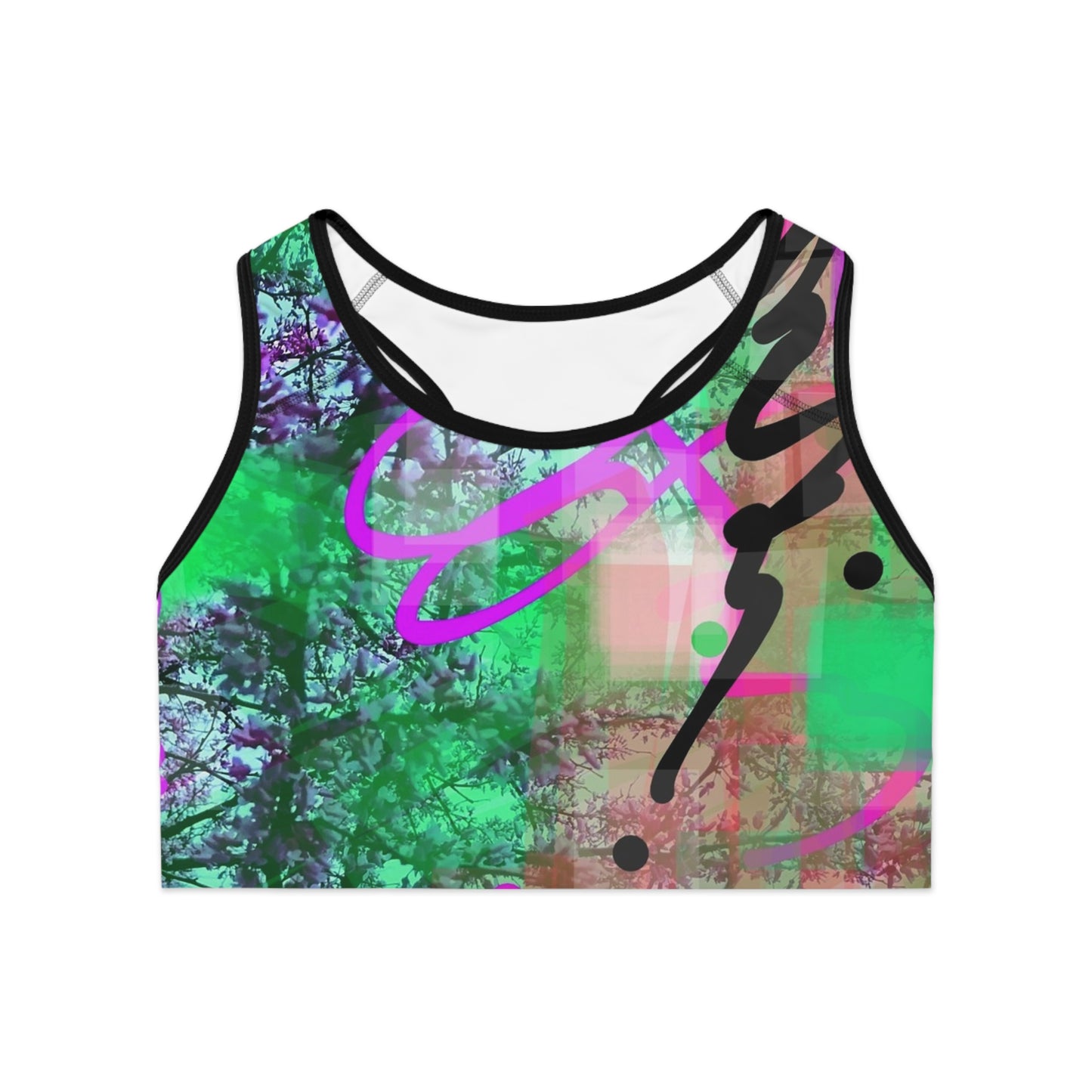 Cyd II:  Blk Trim Vibrant Abstract Sports Bra with Artistic Design