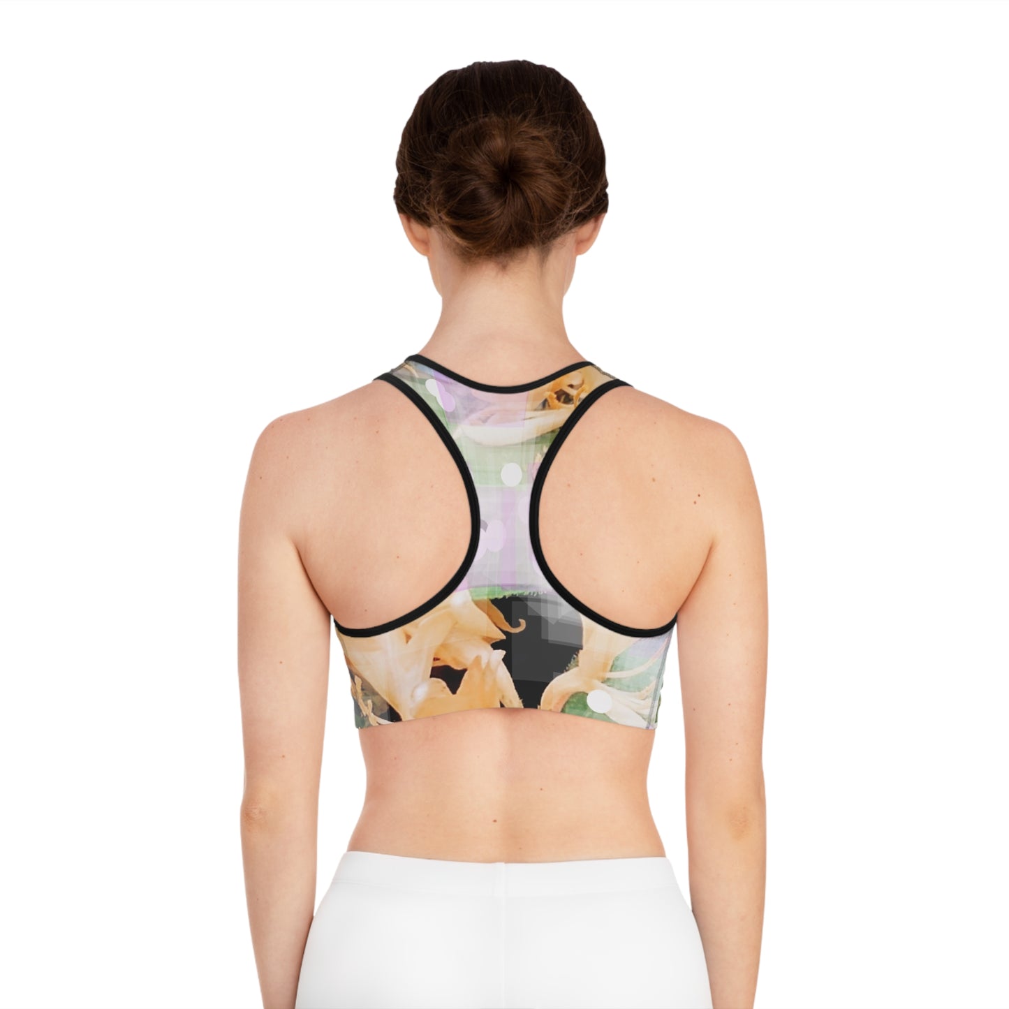 Honey Creme: Blk Trim; Vibrant Floral Sports Bra - Activewear Essentials, Fitness Top, Workout Gear, Spring Fashion, Athleisure, Gift for Her