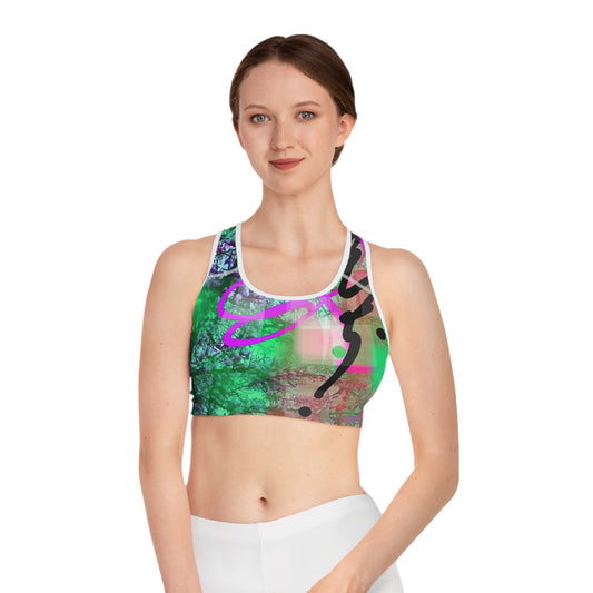Cyd:  White Trim Colorful Abstract Sports Bra for Active Women