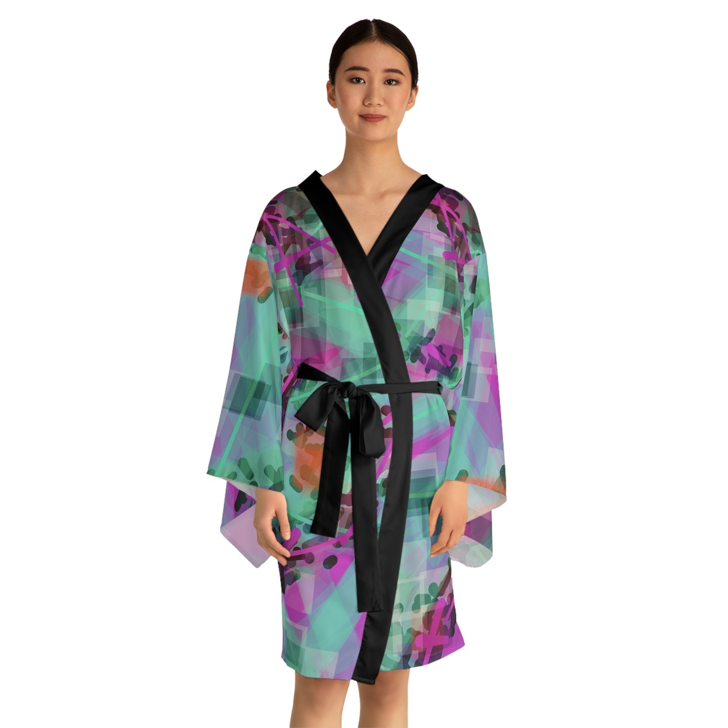 Hi Norma II:  Blk Trim Vibrant Long Sleeve Kimono Robe - Perfect for Relaxation and Celebrations