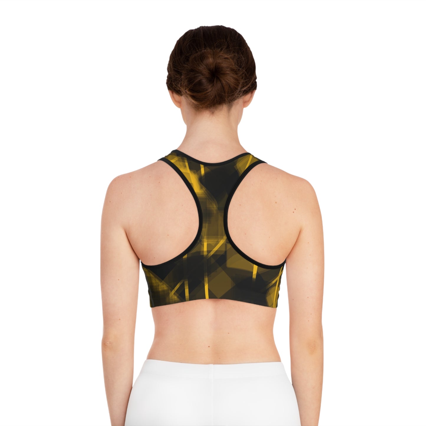 Olga II: BLK Trim Bold Yellow Abstract Sports Bra for Active Women