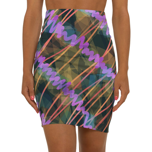 Ava:  Colorful Mid-Waist Pencil Skirt - Trendy Abstract Design
